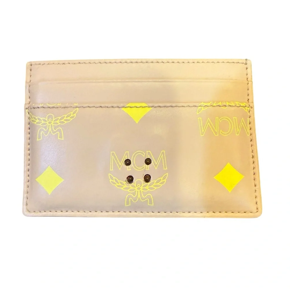 MCM Beige and Neon Yellow Leather Card Holder